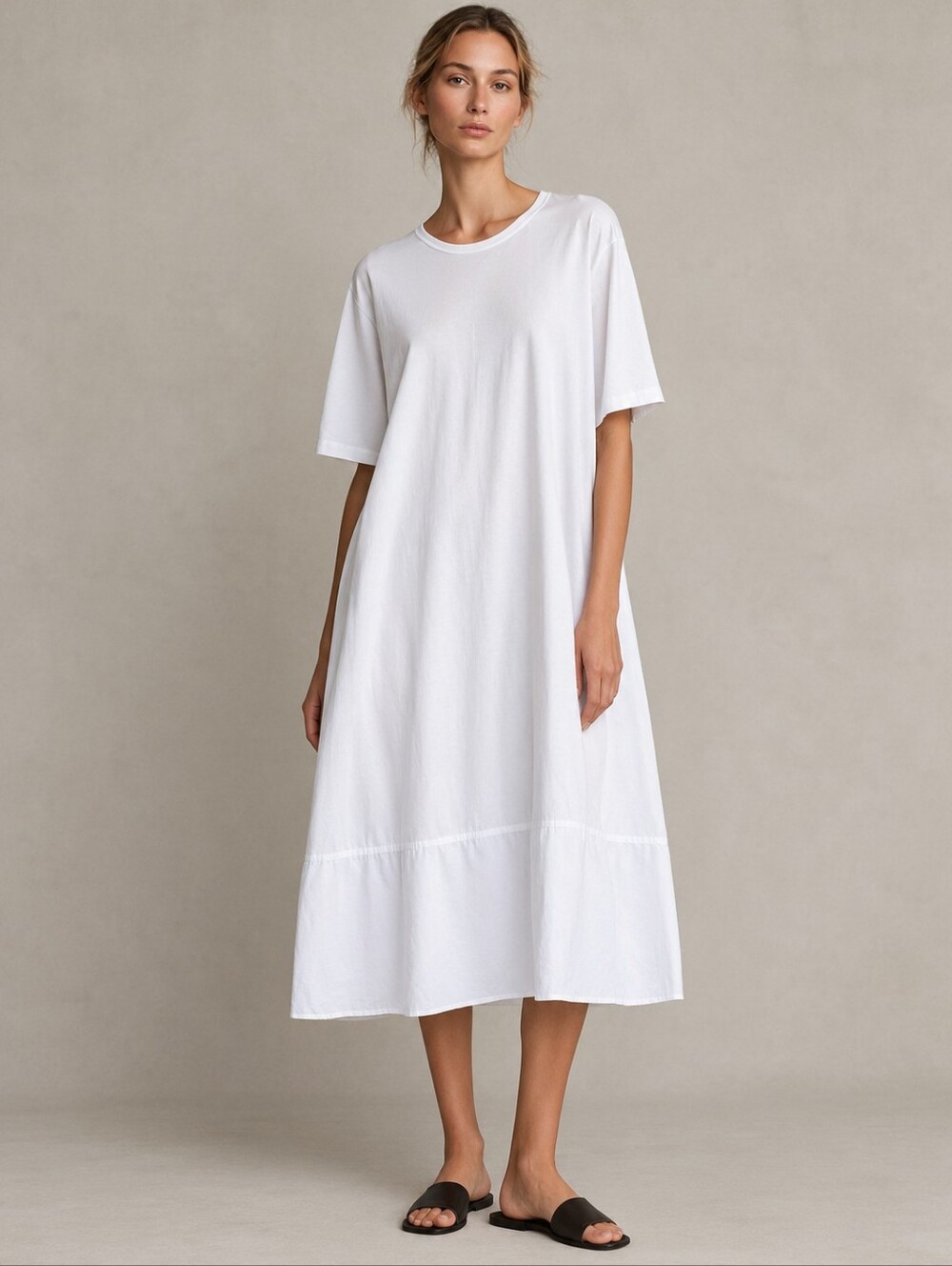 COS Mixed Media Minimalist White Relaxed Short-Sleeve Knee-Length Pocket Dress L